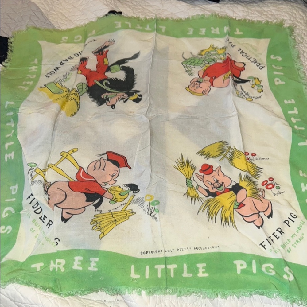 Vintage Walt Disney Productions Three Little Pigs Disney Scarf 24”